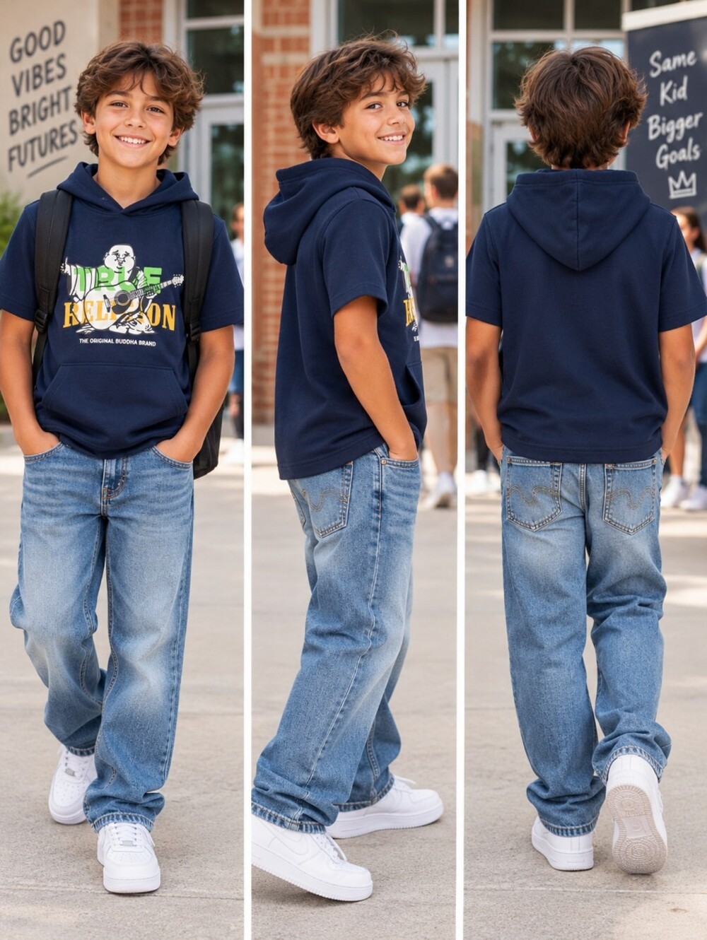 NWT True Religion Kids Youth Large Buddha Graphic Short Sleeve Hoodie Blue